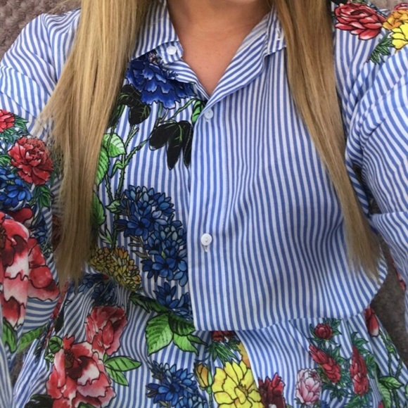 Zara Woman Pinstripe Floral Print Button Down Tunic Shirt Top - Picture 8 of 12